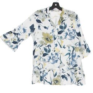 Valentina Naldi Top 3/4 Sleeve Linen Floral Cottage Coastal Italy White Medium